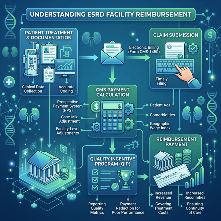 Infographic titled Understanding ESRD Facility Reimbursement showing treatment documentation, claim submission, CMS payment calculation, quality incentives, and reimbursement payment.